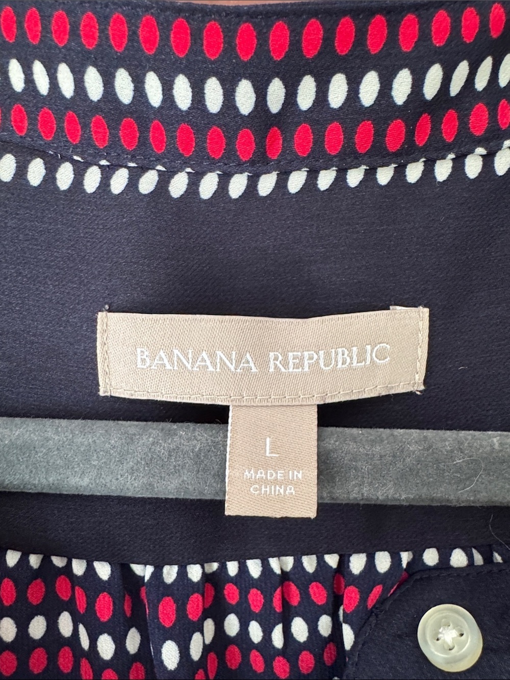 Banana Republic Navy Blouse with Red and White Dot Striped Pattern L - Picture 2 of 8